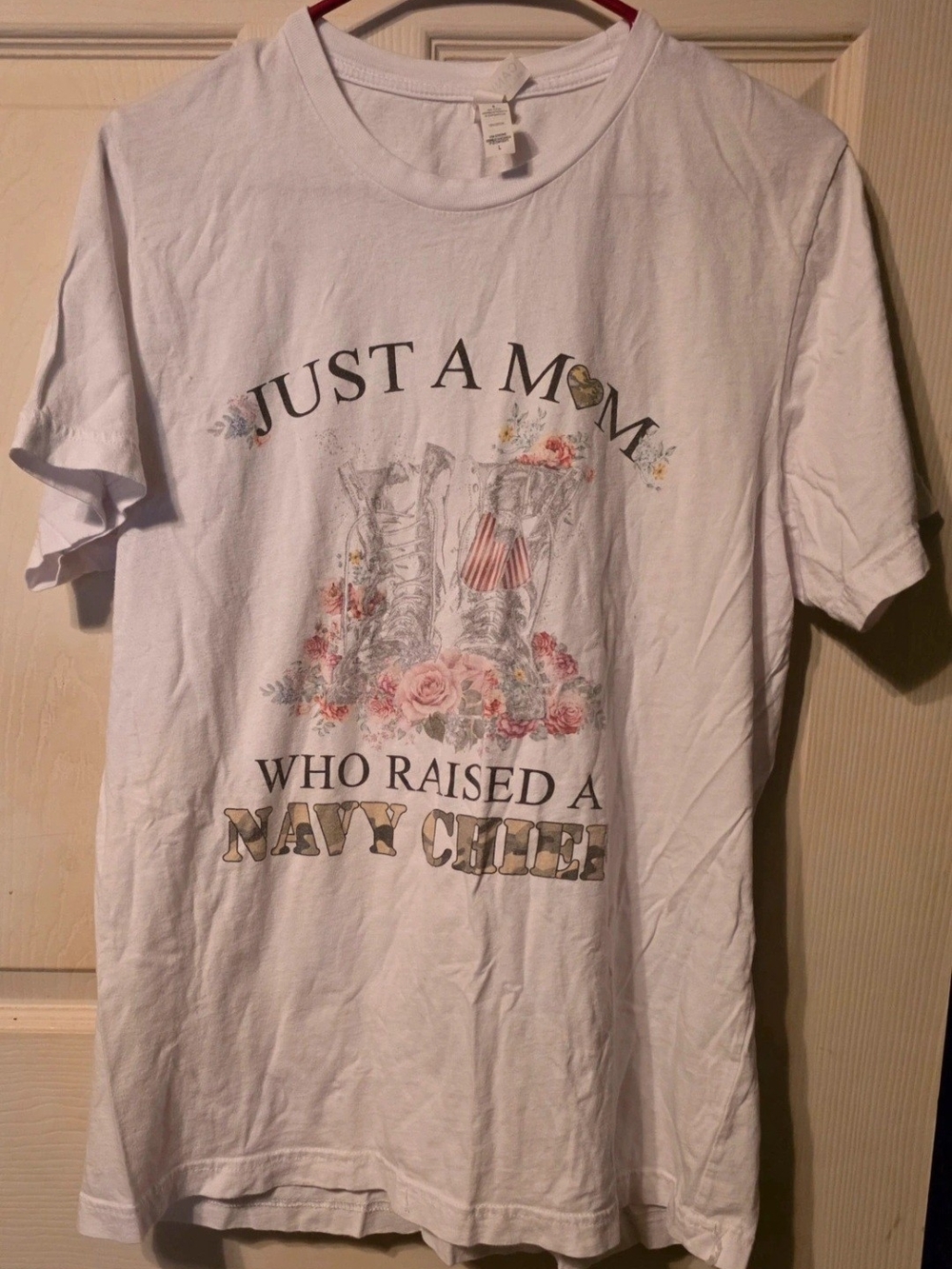 Bella Canvas White 'Just A Mom Who Raised A Navy Chief' Graphic Tee